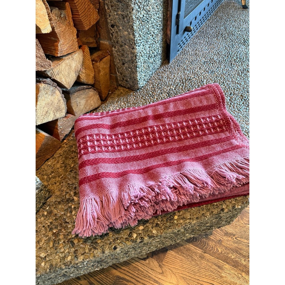 Woolen Mill Store.   Raspberry striped Throw Blanket - Picture 3 of 8